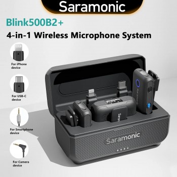 ميكروفون لاسلكي Saramonic Blink500B2+ للياقة لجهاز iPhone وAndroid وكاميرات DSLR وأجهزة USB-C والبث المباشر والتسجيل على YouTube