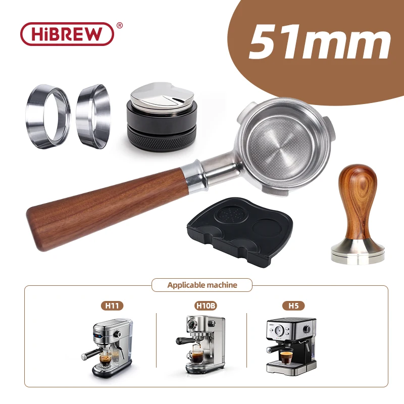 مقبض مسحوق القهوة بدون قاع HiBREW مقاس 51 مم مصنوع من الفولاذ المقاوم للصدأ 304 والخشب الصلب مقبض مسحوق القهوة بدون قاع HiBREW مقاس 51 مم مصنوع من الفولاذ المقاوم للصدأ 304 والخشب الصلب