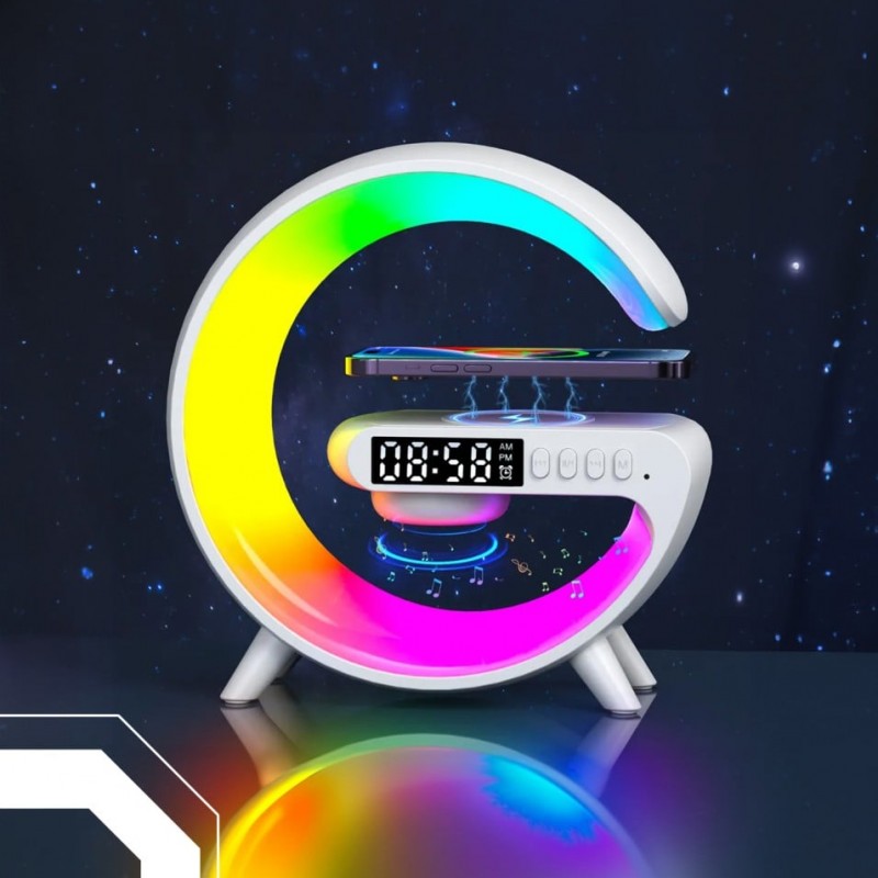 منصة شحن لاسلكي متعدد الوظائف 4 في 1 اضاءة + مكبر صوت + ساعة رقمية + شاحن لاسلكي 15 واط