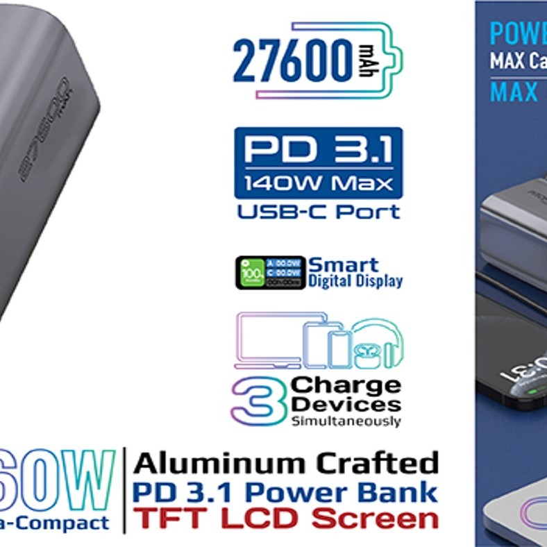 بنك طاقة مصنوع من الألومنيوم PD3.1 بقوة 27600 مللي أمبير وقوة 160 وات مع شاشة TFT LCD • توصيل طاقة 100 وات و140 وات 3.1 • منفذ QC 3.0 بقدرة 22.5 وات • شاشة TFT LCD ذكية بنك طاقة مصنوع من الألومنيوم PD3.1 بقوة 27600 مللي أمبير وقوة 160 وات مع شاشة TFT LCD • توصيل طاقة 100 وات و140 وات 3.1 • منفذ QC 3.0 بقدرة 22.5 وات • شاشة TFT LCD ذكية