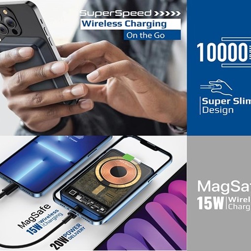 بطارية تدعم MagSafe و شحن لاسلكي بتصميم شفاف بقدرة 10000 مللي أمبير • توصيل طاقة بقدرة 20 واط • مدخل للشحن و مخرج لشحن الاجهزة يو اس بي سي • مدعوم بتقنية MagSafe بقدرة 15 واط • تصميم عصري و نحيف جداً بطارية تدعم MagSafe و شحن لاسلكي بتصميم شفاف بقدرة 10000 مللي أمبير • توصيل طاقة بقدرة 20 واط • مدخل للشحن و مخرج لشحن الاجهزة يو اس بي سي • مدعوم بتقنية MagSafe بقدرة 15 واط • تصميم عصري و نحيف جداً