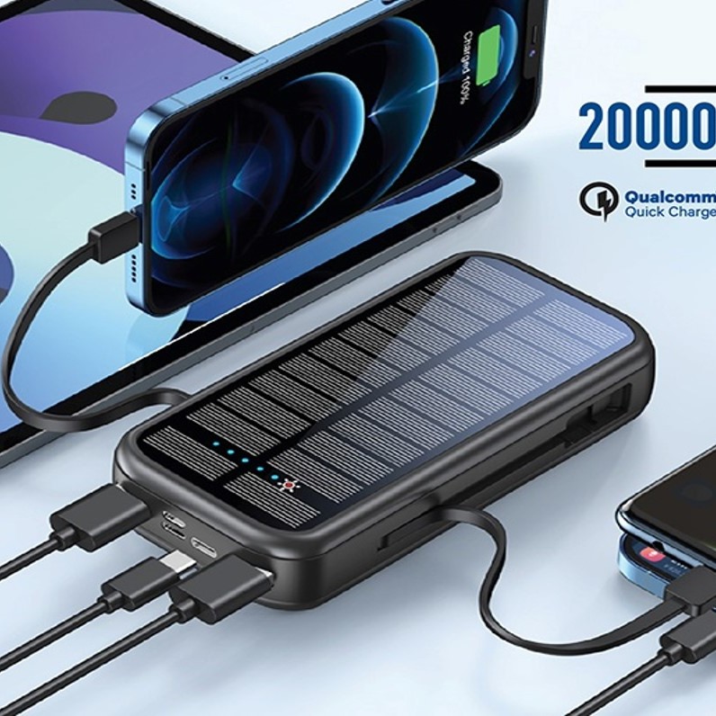 بطارية تشحن بالطاقة الشمسية بقوة 20000 مللي أمبير في الساعة مزود بكابلات USB-C وLightning مدمجة • 20 واط منفذ شحن تايب سي • شحن سريع 3.0 • لايتنينج، مايكرو يو اس بي، مدخل يو اس بي سي بطارية تشحن بالطاقة الشمسية بقوة 20000 مللي أمبير في الساعة مزود بكابلات USB-C وLightning مدمجة • 20 واط منفذ شحن تايب سي • شحن سريع 3.0 • لايتنينج، مايكرو يو اس بي، مدخل يو اس بي سي