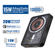 10000mAh Transparent 15W MagSafe Compatible  Wireless Charging Power Bank • 20W Power Delivery  •  Quick Charge 3.0 • 15W MagSafe Compatible Charging • USB-C In/Out • Carbon Fiber Design.