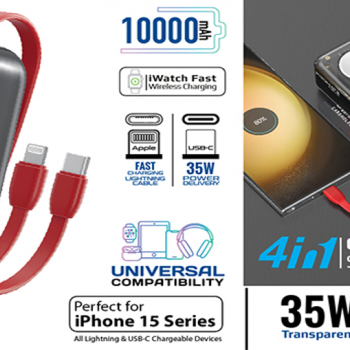   بنك الطاقة الشفاف للهاتف الذكي وساعة Apple Watch بقدرة 10000 مللي أمبير في الساعة مع كابل USB-C إلى Lightning • كابل Lightning بقدرة 12 واط • كابل PD USB-C بقدرة 35 واط • QC 3.0 • مدخل/مخرج USB-C.