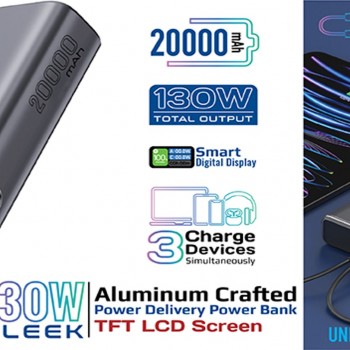 بنك طاقة أنيق مصنوع من الألومنيوم بقدرة 20000 مللي أمبير وقوة 130 وات مزود بشاشة TFT LCD • توصيل طاقة بقدرة 60 وات و100 وات • منفذ QC 3.0 بقدرة 30 وات • شاشة TFT LCD ذكية