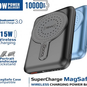 بطارية مدعومة ب MagSafe بقدرة 10000 مللي أمبير • توصيل طاقة بقدرة 20 واط وشحن سريع 3.0 • شحن متوافق مع MagSafe بقدرة 15 واط • مدخل للشحن و مخرج لشحن الاجهزة يو اس بي سي • مسند لتثبيت البطارية