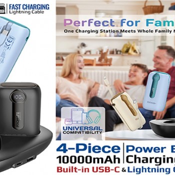 مجموعة شحن بنك الطاقة 10000 مللي أمبير في الساعة مكونة من 4 قطع مع كابلات USB-C وLightning مدمجة • مع كابل PD USB-C بقدرة 30 وات وكابل Lightning للشحن السريع