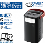 80000mAh High Capacity Power Bank • 65W Power Delivery • Quick Charge 3.0 Port •  Multiple Input/Output Ports • 3 Mode LED Torch Light •  Silicone Carrying Handle.