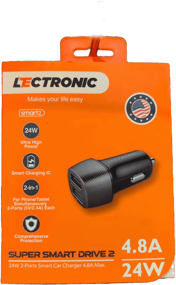 ليكترونك - شاحن سيارة بمنفذين شحن ذكي - 24وات - 8A.4/5V - مخرجين شحن نوع (A-USB (بتقنية الشحن الذكي تمكنك من شحن جهازين في نفس الوقت وبنفس السرعة